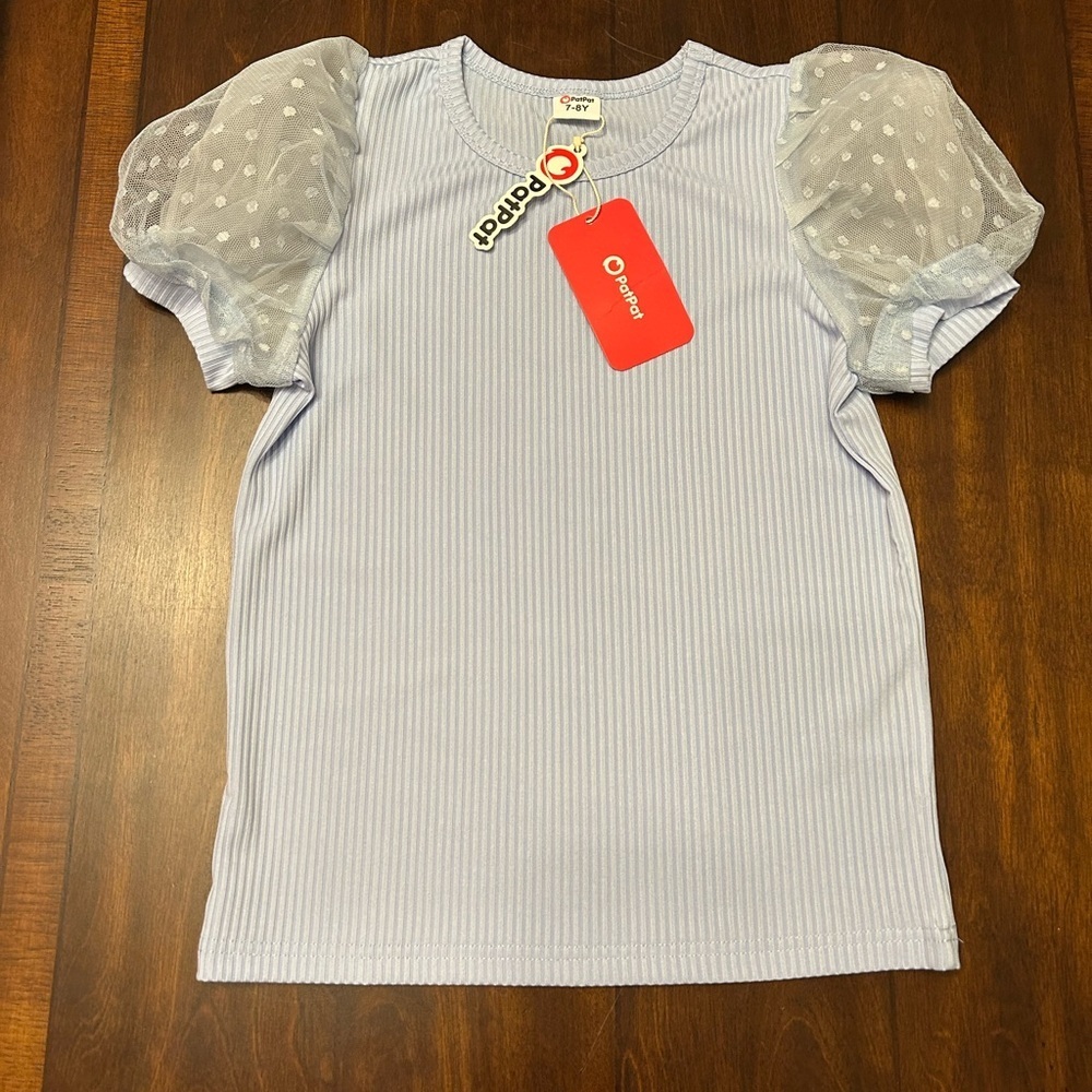 PatPat Light Blue Kids Top with‎ Sheer Polka Dot Sleeves